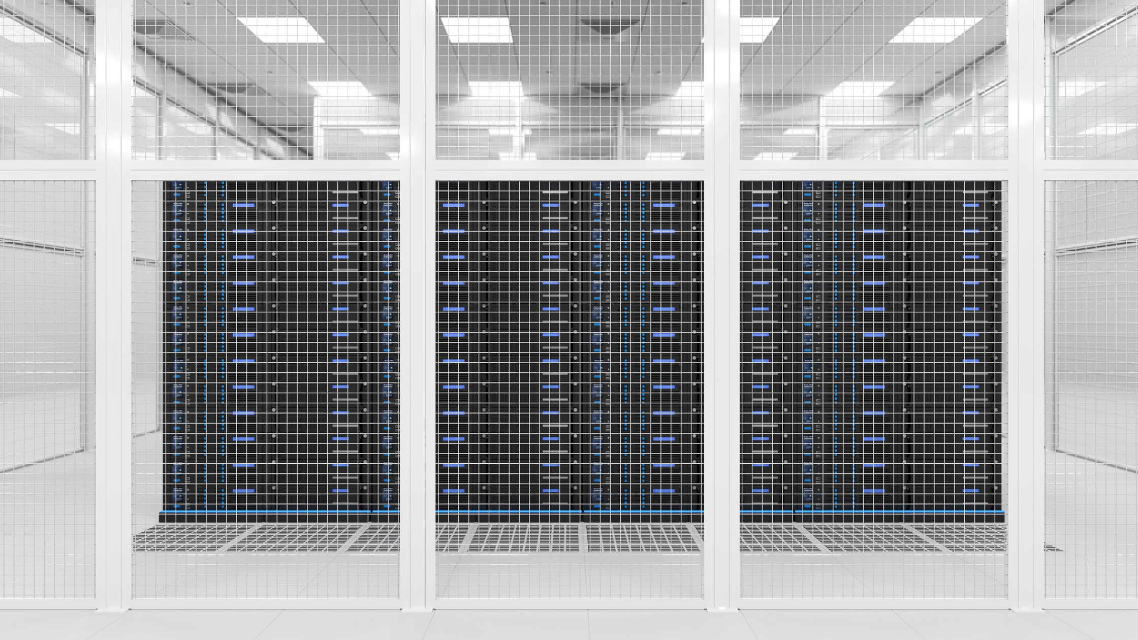 Vista frontale del Cage Satech in rete elettrosaldata con tre moduli in acciaio per la protezione dei rack server.