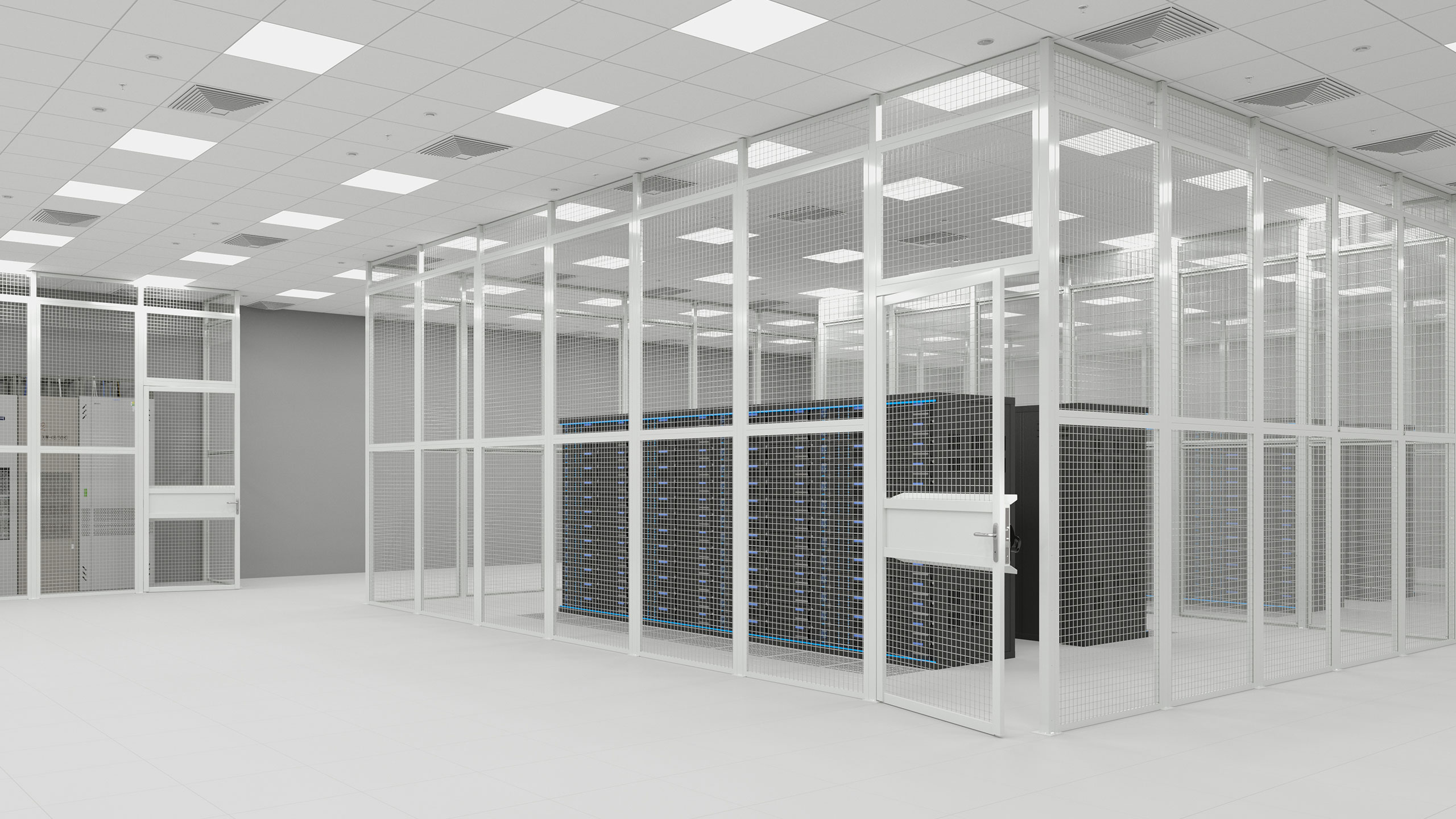 Cage Satech installato in una Server Room con porte battenti e struttura modulare in acciaio per Data Centre sicuri