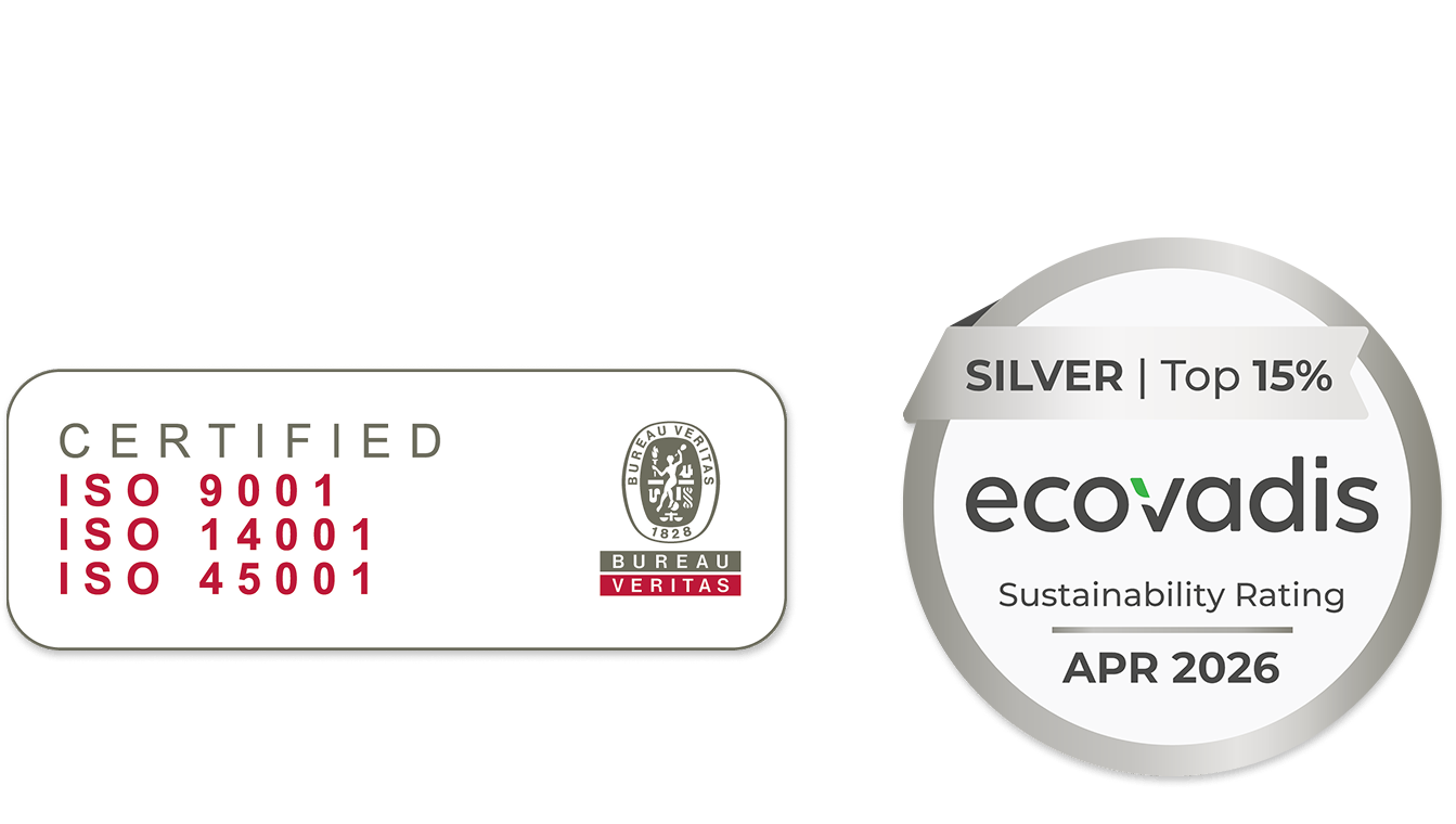 Certificazioni di Satech per la qualità, sicurezza e sostenibilità: ISO 9001, ISO 14001, ISO 45001 Bureau Veritas ed EcoVadis Silver 2025.