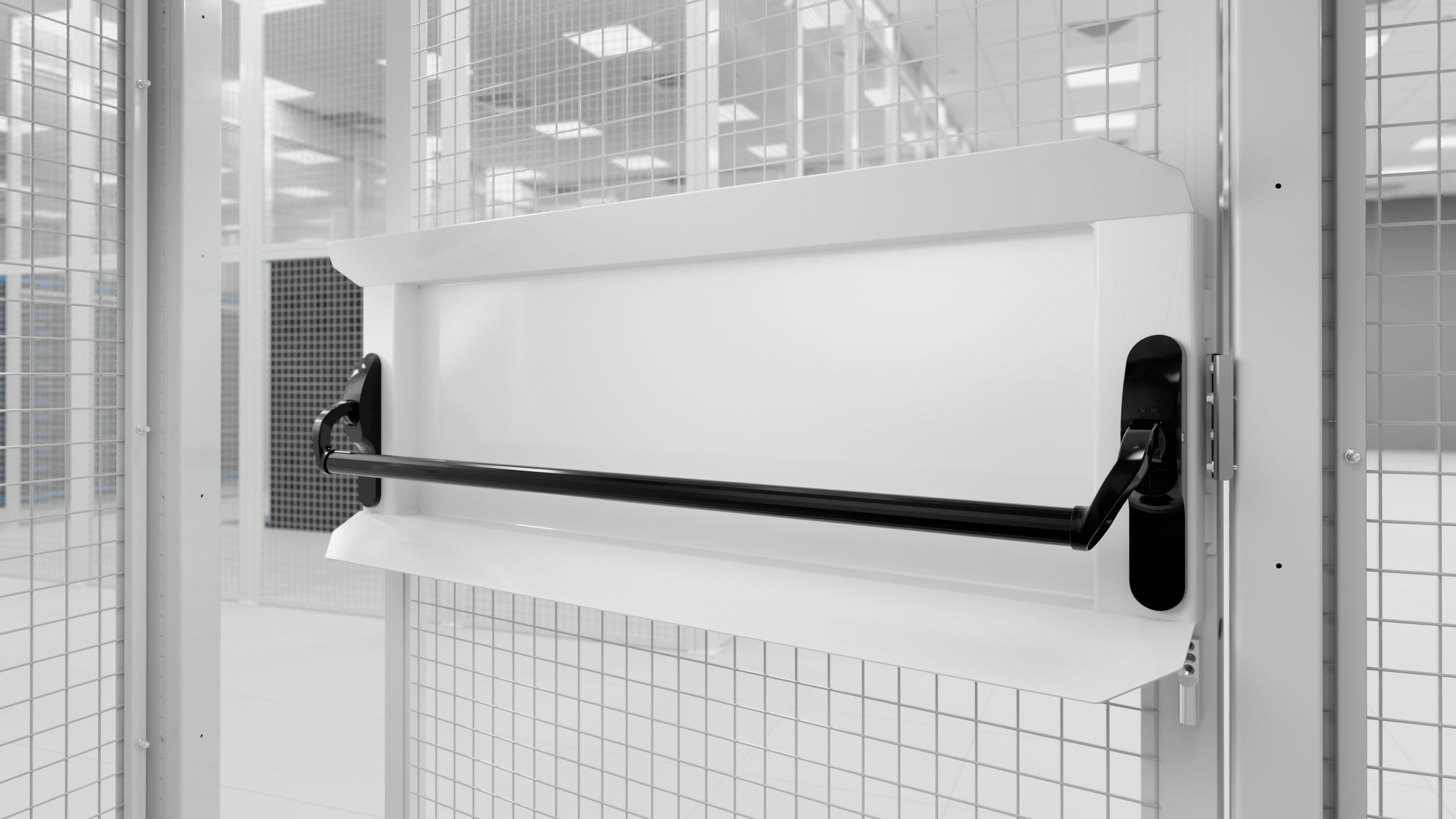 Porta battente antipanico dei Cage Satech con maniglione e serratura elettronica per Data Centre sicuri.